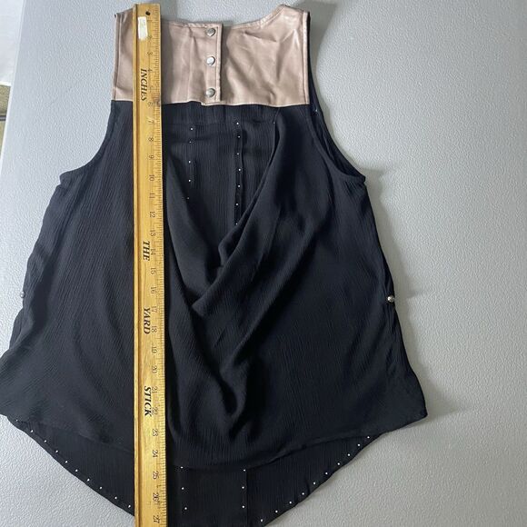 HYFVE Blouse Sleeveless Faux Leather Sheer Studded Open Back Womens M Black Tan - Picture 8 of 12